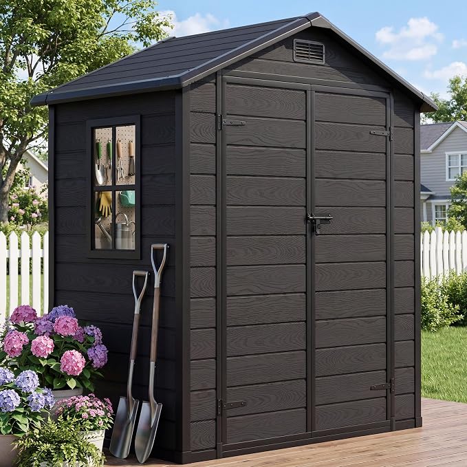 DWVO 6x4 FT Outdoor Resin Storage Shed with Reinforced Floor, All-Weather Bike Storage Shed with Lockable Door, Window and Vent, Waterproof Plastic Tool Shed for Garden, Backyard, Patio, Lawn