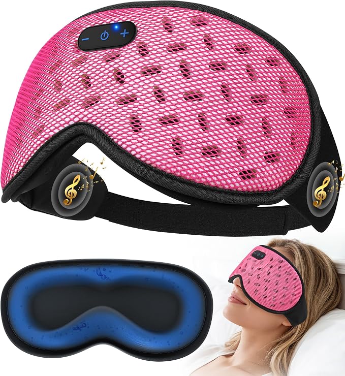 MUSICOZY Bluetooth Sleep Mask, Cooling Weighted Eye Mask with Bluetooth Headphones for Side Sleepers, 3D Contoured Relaxing No Pressure Eye Cover to Block Light for Night Sleeping(Grid Pink)