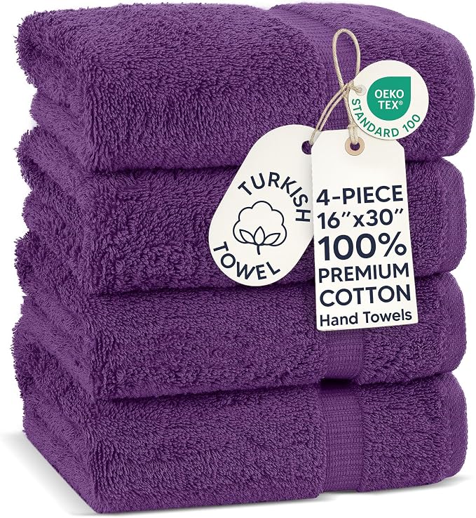 Chakir Turkish Linens 4 Piece Hand Towels, 100% Cotton Turkish Towels for Bathroom, Luxury Soft Absorbent Hand Towel Set, 16 x 30 Inches, Eggplant