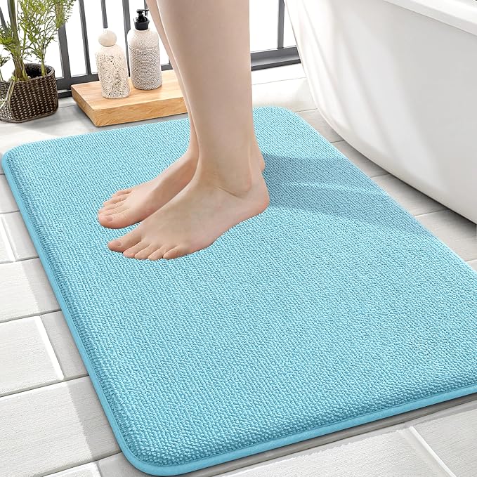 OLANLY Memory Foam Small Bathroom Rugs 24x16, Absorbent Bath Mat, Sky Blue | Soft Quick Dry Bath Mat Rugs, Non-Slip, Machine Washable Mat for Bathroom Floor, Tub and Shower, Home Decor Accessories