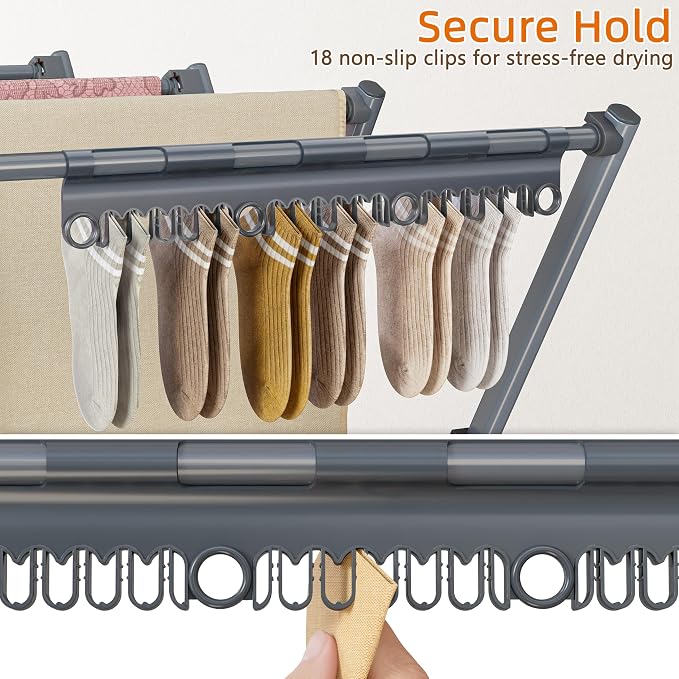 Drying Rack Clothing,35.43in Long Drying Poles Large Clothes Drying Rack | Foldable Portable Laundry Drying Rack with Sock Clips for Air Drying Clothing,Towels,Delicate Eac,Indoor Outdoor Use.Silver