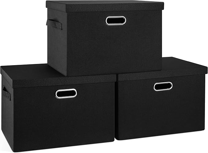 Graciadeco Large 17" 36 Quart Collapsible Stackable Storage Bins with Lids, 3 Packs Black Linen Fabric Closet Boxes with Lids, Storage Cube Baskets Container Organizers for Bedroom Office(17 x12 x11)