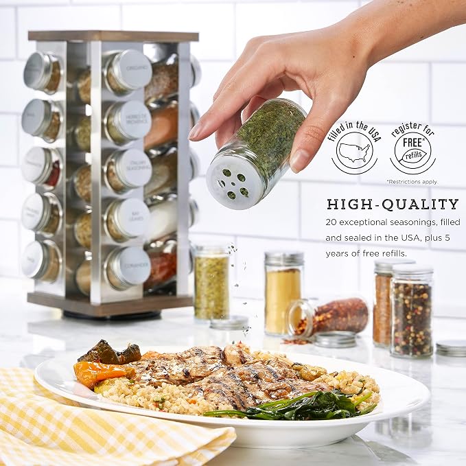 Kamenstein 20 Jar Vintage Revolving Countertop Spice Rack Organizer with Spices Included, FREE Spice Refills for 5 Years, Wood and Stainless Steel with Metal Caps (Pack of 2)