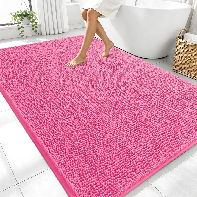 OLANLY Large Bathroom Rugs 70x46, Extra Soft Absorbent Chenille Bath Rugs, Rubber Backing Quick Dry, Machine Washable Bath Mats for Bathroom Floor, Tub and Shower, Home Decor Accessories, Hot Pink