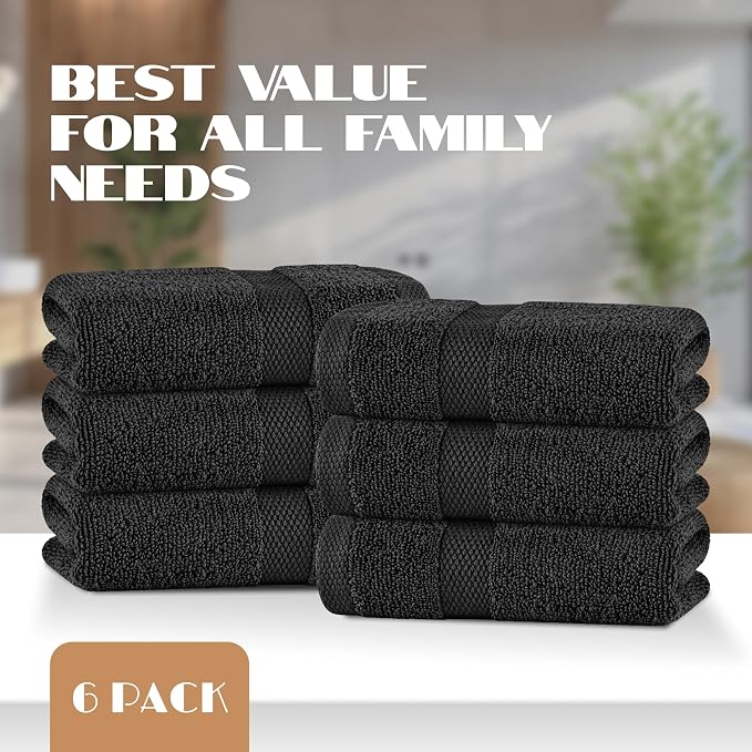White Classic Black Hand Towels for Bathroom [6 Pack] Cotton Hand Towel Bulk for Gym, Kitchen and Spa, 16x27 Inches Soft Highly Absorbent Quick Dry Terry Salon Towels
