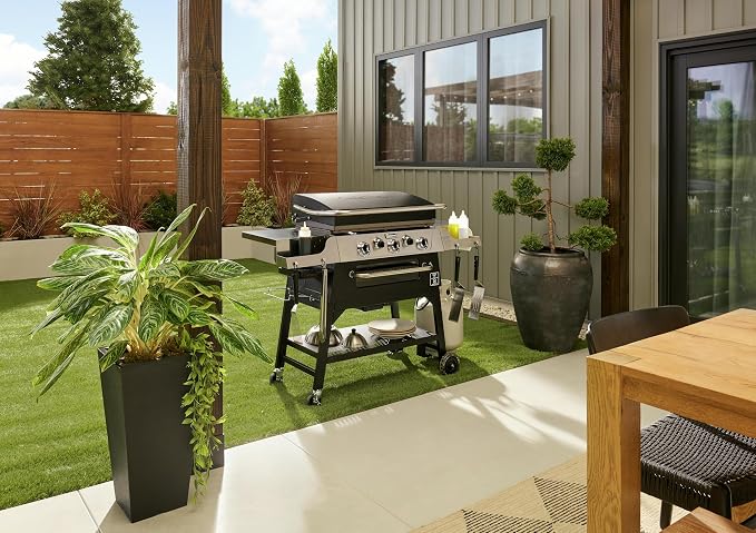 Cuisinart 28” Outdoor Griddler and Broiler Combo, 2-in-1 Carbon Steel Flat-Top Grill and Broiler with Hood, Adjustable Rack, Wheels, Side Tables, Large Cooking Area for BBQs, Outdoor Griddle Station