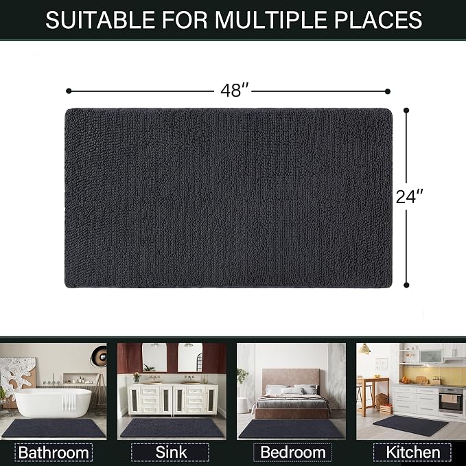 LOCHAS Luxury Bathroom Rug Shaggy Bath Mat 24 x 48 Inch, Dark Grey | Washable Non Slip Bath Rugs for Bathroom Shower, Soft Plush Chenille Absorbent Carpets