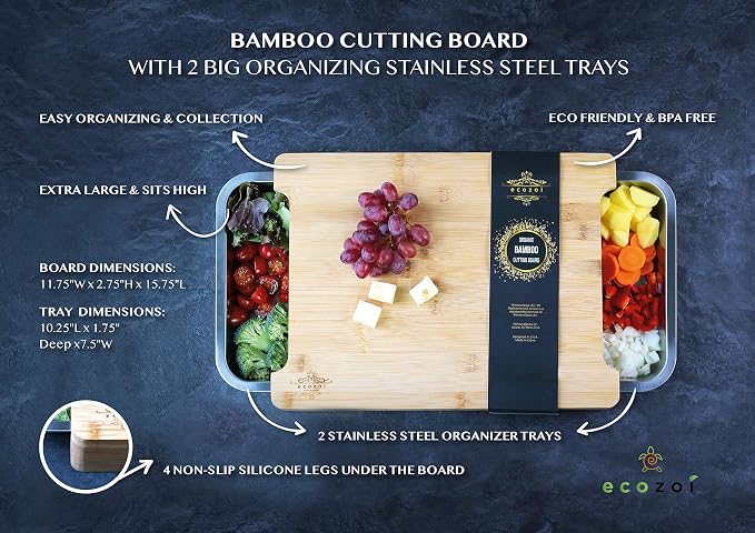 Bamboo Cutting Board by Ecozoi with 2 Slide Out Drawers. Keep Meal Prep Organized With Organic Bamboo Wooden Chopping Station. Non-Slip Butcher Block with Juice Groove for Easy Cleaning
