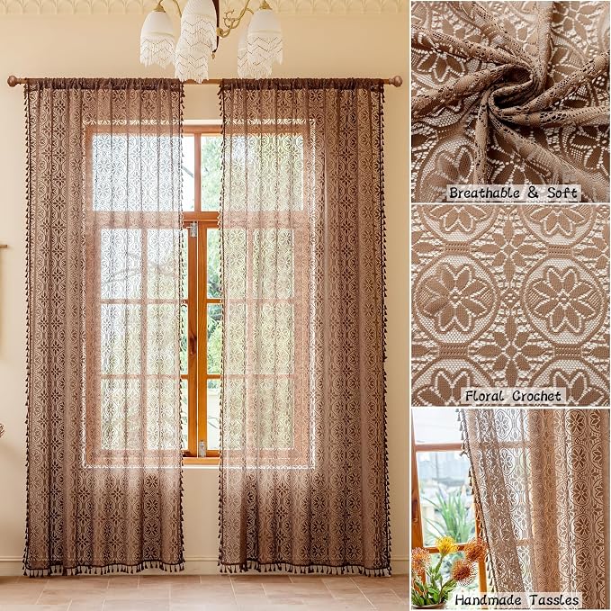 Sutuo Home Boho Sheer Curtains 2 Panels 84 inches Long for Bedroom Living Room,Caramel Lace Curtains Cottage Crochet Bohemian Floral Farmhouse Victorian Vintage Tassels Rod Pocket, 50" W,Dark Coffee