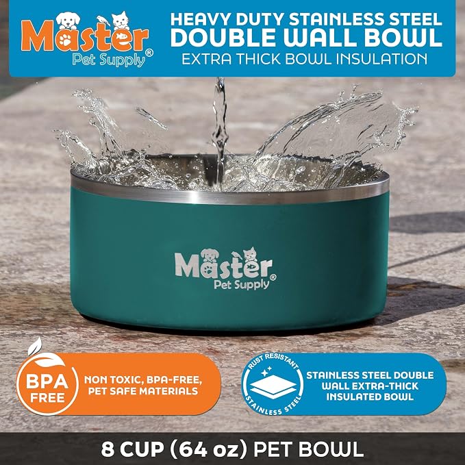 Master Pet Supply Stainless Steel Dog Bowls - 64 oz, Heavy Duty - Emerald Sea, Double Wall Extra-Thick Insulated, Non-Slip Pet Water Bowl for Dogs, Cats & Pets, Anti Rust Metal, Dish Washer Safe