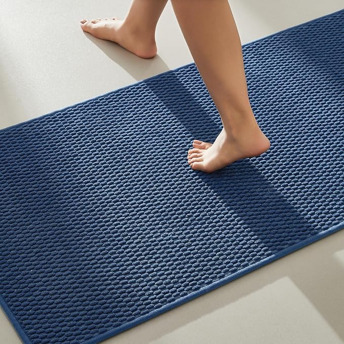 TYUU Bathroom Rugs Non Slip Washable, Super Absorbent Thin Bath Mat Quick Dry Low Pile Bathroom Rug, Navy Blue 20"x48"