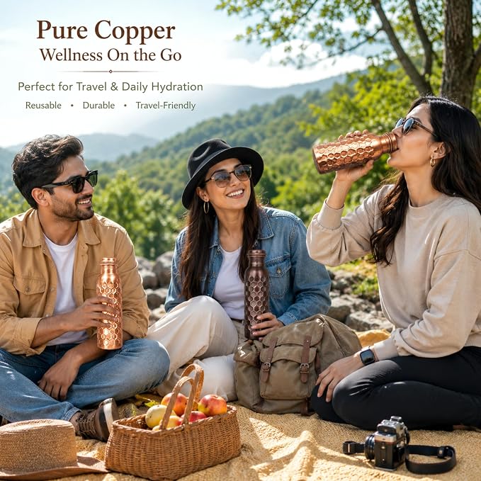Copper Water Bottle,Ayurvedic Pure Copper Bottle For Drinking - Drink More Water, Lower your Sugar Intake And Enjoy The health Benefits Immediately - 32 Oz(1Cleaning Brush +3 Diamond Bottle)