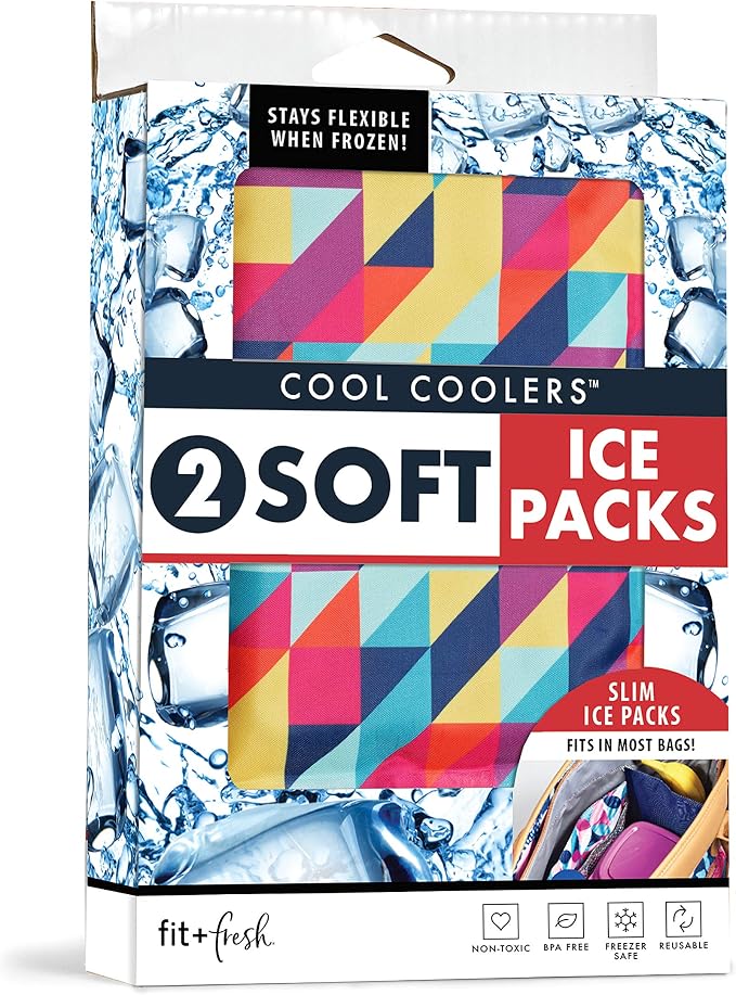 Fit & Fresh Cool Coolers 2 Pack Soft Ice for Lunch Bags, Flexible Stretch Nylon, Durable, Reusable Lunch Box Ice Packs, Soft Ice, Reusable Freezer Packs, Lunch Ice, Easy to Clean, Prism & Cobalt