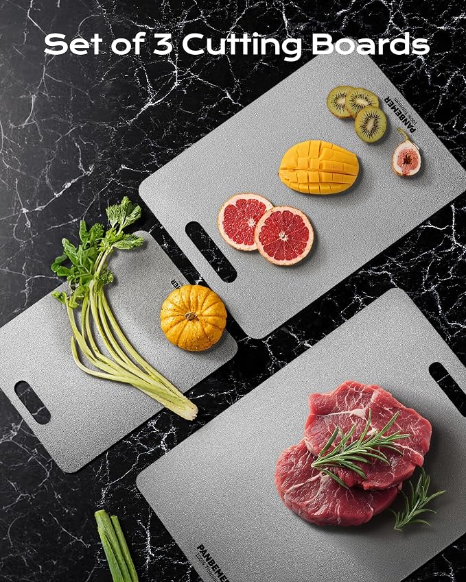 Katori Titanium Cutting Board for Kitchen, Set of 3 Food Grade 100% Pure Titanium Double-Sided Chopping Boards, Non-Toxic, Dishwasher Safe, Easy to Clean – 10", 12", 16"