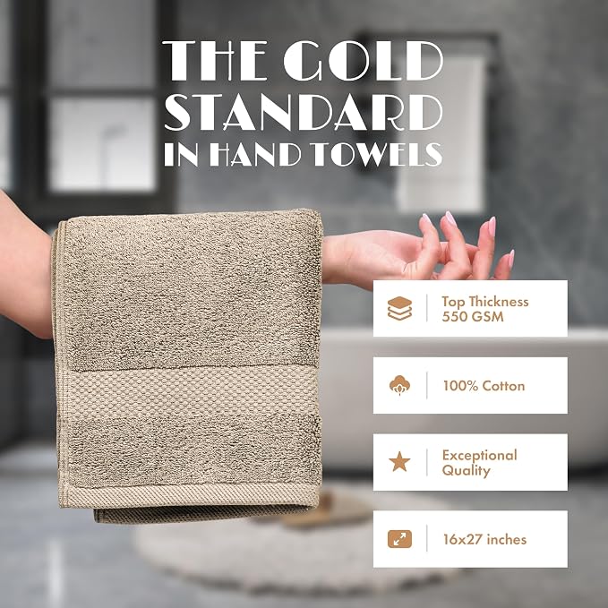 White Classic Taupe Hand Towels for Bathroom [6 Pack] Cotton Hand Towel Bulk for Gym, Kitchen and Spa, 16x27 Inches Soft Highly Absorbent Quick Dry Terry Salon Towels