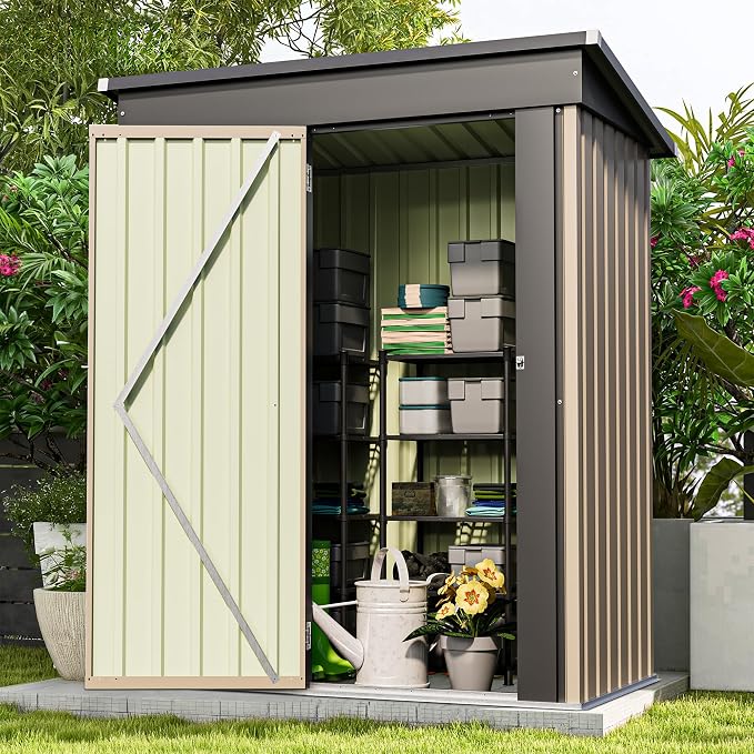 Patiowell 5x3 FT Outdoor Storage Shed, Tool Shed with Sloping Roof and Lockable Door, Metal Shed for Backyard Garden Patio Lawn, Brown