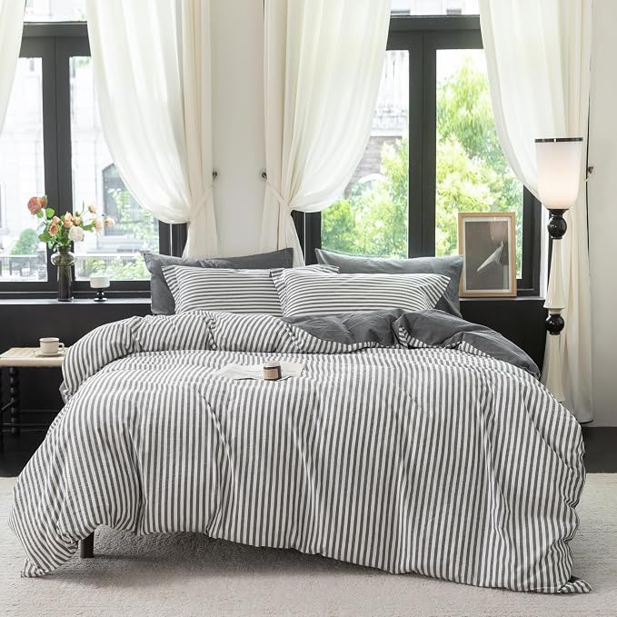 Reversible Duvet Cover Set 100% Washed Cotton Dark Grey Stripe Linen Feel Duvet Cover Queen Size with Zipper Closure & 2 Pillow Shams,Dark Grey/White Stripe Reverse Solid Dark Grey