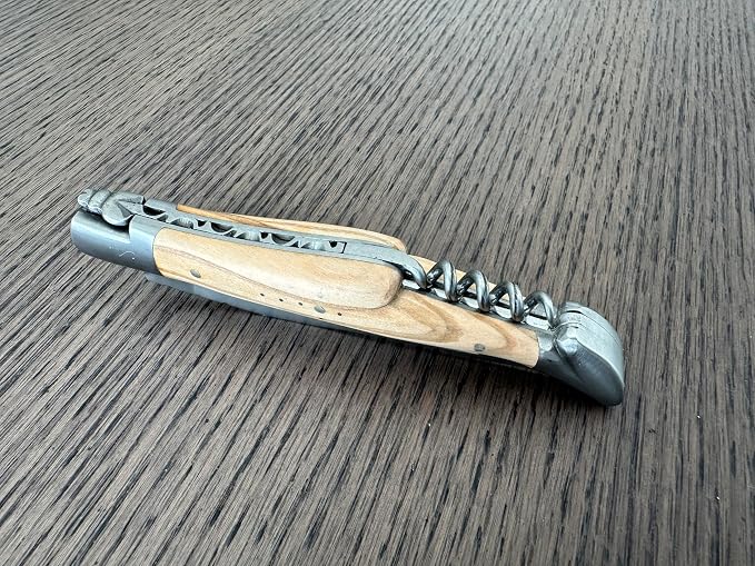 Laguiole en Aubrac Handcrafted Luxury Folding Pocket Steak Knife with Corkscrew, 4.75-in (12 cm), Olive Wood Handle, Brushed Bolsters