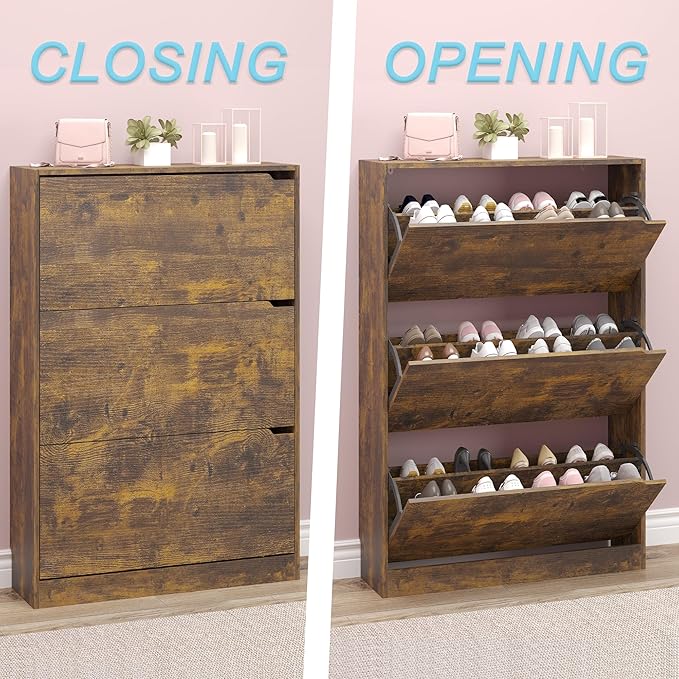 BORNOON Shoe Cabinet with 3 Flip Drawers, Hidden Wood Shoe Cabinet,Freestanding Shoe Storage Cabinet for Entryway Hallway