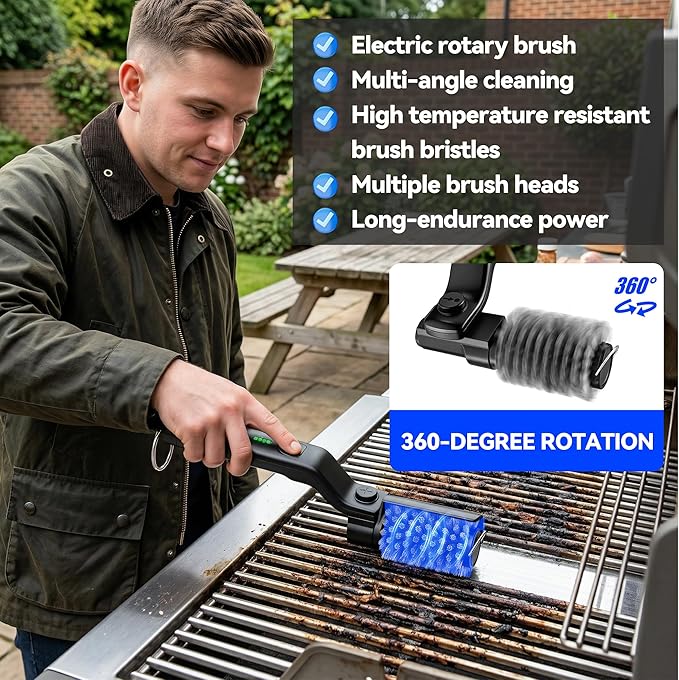 Electric Grill Brush, Cordless Rechargeable Grill Cleaner with 3-Speed Powerful Motor & 180° Adjustable 304 Stainless Steel Non-Shedding Brush Head, Automatic Cleaning for Outdoor Gas Grill & Grates