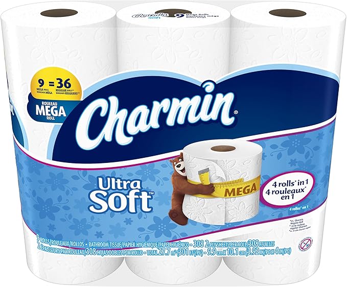 Charmin Ultra Soft Toilet Paper, Bath Tissue, Mega Roll, 9 Count of 308 2-Ply Sheets Per Roll