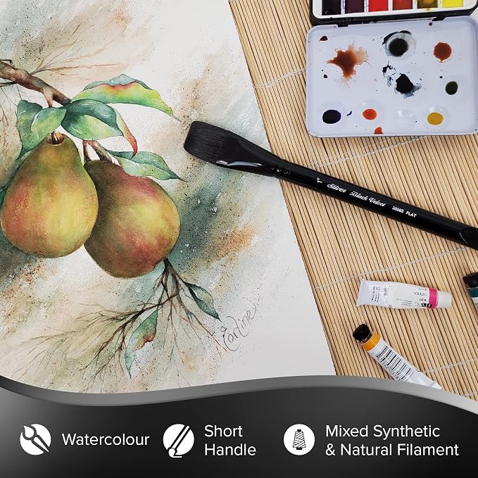 Silver Brush Limited 3008S-1/4in Black Velvet Professional Square Wash Paint Brush, Natural Squirrel Hair and Synthetic Mix Blend Filament Watercolour Brush, Size 1/4 Inch, Short Handle