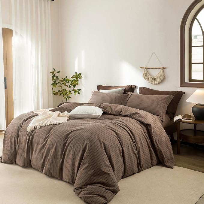 Stripe Duvet Cover Queen Size 90inch x 90inch,100% Washed Cotton Pinstripe Duvet Cover with Zipper Closure and 2 Pillowcases, Color of Light Brown-Black Stripe