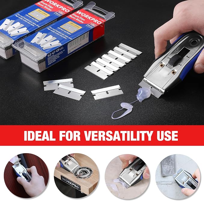 WORKPRO 200-Pack Single Edge Razor Blades, Carbon Steel Scraper Blades | Industrial Scraper Razor Blades, High Carbon Steel One Edge Razor Blades for Paint, Sticker & Label Removal