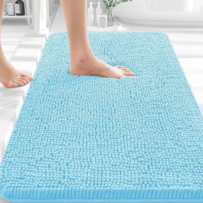 OLANLY Bathroom Rugs 30x18, Extra Soft Absorbent Chenille Bath Rugs, Rubber Backing Quick Dry, Machine Washable Bath Mats for Bathroom Floor, Tub and Shower, Home Decor Accessories, Sky Blue