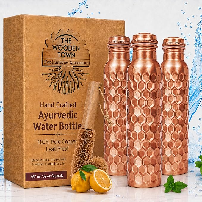 Copper Water Bottle,Ayurvedic Pure Copper Bottle For Drinking - Drink More Water, Lower Your Sugar Intake And Enjoy the Health Benefits Immediately,32 Oz(1Cleaning Brush +3 Diamond Bottle)