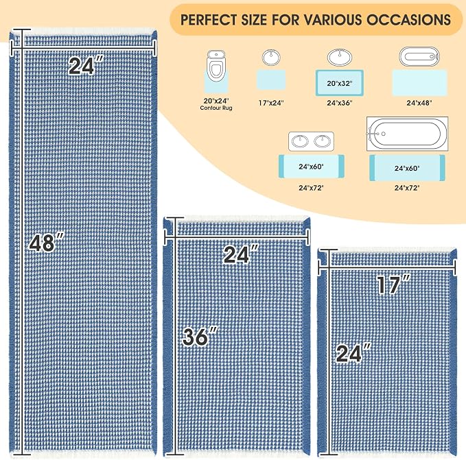 IM HOME Waffle Bath Mat Set 3 Piece Blue & Cream,Woven Modern Bath Rug Mats, Absorbent Non Slip Bath Floor Mat, Soft Washable Boho Bath Rugs with Tassels for Bathroom, Bedroom, Kitchen, Tub