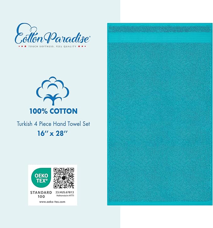 Cotton Paradise 100% Cotton Turkish Towel Set, Soft Absorbent Quick Dry, 4 Piece Hand Towel Set, Ocean Aqua