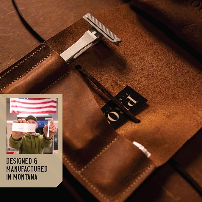 PROOF Select Single Blade Razor for Men with Pivoting Head Made in USA - CNC Machined Aluminum Easy Blade Replacement - Includes Genuine Leather Travel Case, Suction Cup Holder and Safety Razor Blades | Pivoting Head, CNC Machined Aluminum Metal Shaver...