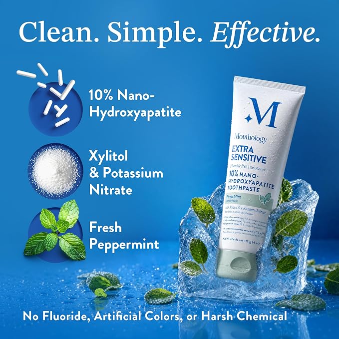Mouthology Extra Sensitive Hydroxyapatite Toothpaste w/Potassium Nitrate | Extra sensitive relief with potassium nitrate + 10% nano hydroxyapatite. Fluoride free, SLS free, remineralizing. USA made.