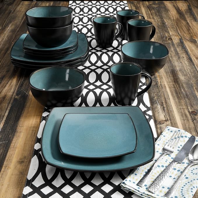 Gibson Elite Soho Lounge 16-Piece Reactive Glaze Dinnerware Set – Teal and Black Tutone Stoneware Plates and Bowls