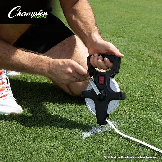 Champion Sports Open Reel Measuring Tapes – Durable Hand Crank with Metal Spike, Dual-Sided Feet & Meters, Perfect for Track & Field and Long Jump, 200 Feet/60 Meters