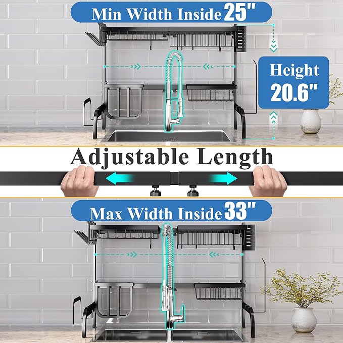 Over The Sink Dish Drying Rack, Adjustable 25.5-33.5 in, 2-Tier, Black | All-in-One Large Capacity, Snap-On Design for Flexible Use, Strong Metal Frame, Non-Slip Feet, Fits Sinks Up to 33" W