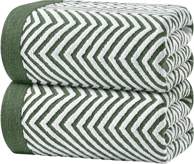 White Classic Cotton Beach Towels Oversized 35 x 70 Inches, Ultra Absorbent and Low Lint Luxury Pool Towels, Chevron Design, Khaki Green, 2 Pack