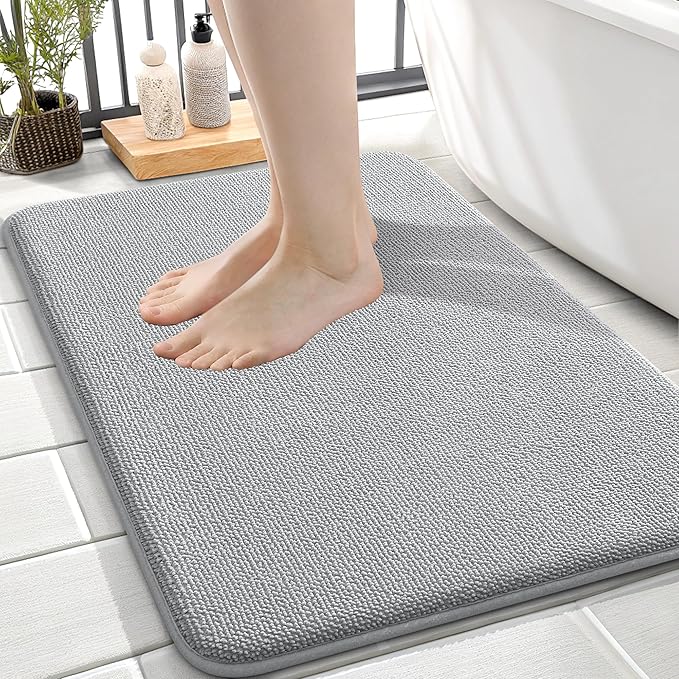 OLANLY Memory Foam Small Bathroom Rug 24x16, Absorbent Bath Mat, Light Grey | Soft Quick Dry Bath Mat Rugs, Non-Slip, Machine Washable Mat for Bathroom Floor, Tub and Shower, Home Decor Accessories
