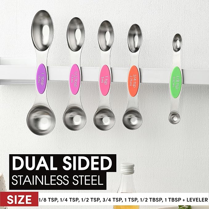 Spring Chef Stainless Steel Magnetic Measuring Cups, Set of 7 & Heavy Duty Magnetic Teaspoon & Tablespoon Measuring Spoons, Set of 8 with Leveler - 2 Product Bundle - Neon