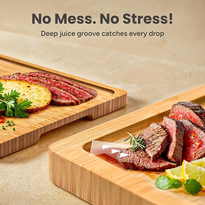 SMIRLY Cutting Boards for Kitchen, 3 Piece Bamboo Cutting Board with Stand | Non Toxic Wooden Cutting Board with Juice Grooves and Handles, Multiple Sizes Chopping Boards for Meat Vegetable Charcuterie