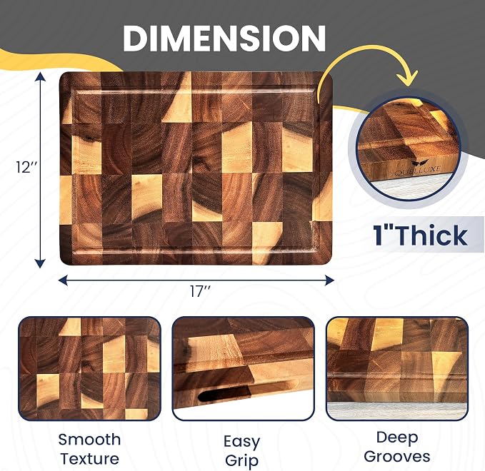 Walnut Wood End Grain Cutting Board for Kitchen with Juice Groove, Inner Handles, Heavy-Duty Butcher Block, Wooden Chopping Board, Charcuterie Boards 17" x 12" x 1" (17" x 12" x 1")