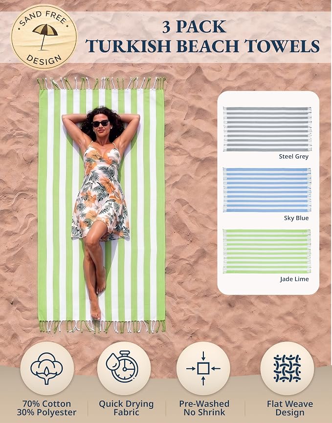 LANE LINEN 3 Pack Pool & Beach Towels, Oversized, 39"x71" - Modern Pop | Classic Cabana Stripe - Sand Shakes Right Off - Soft Pre-Washed Cotton Blend - Lightweight & Packable - Beach Ready