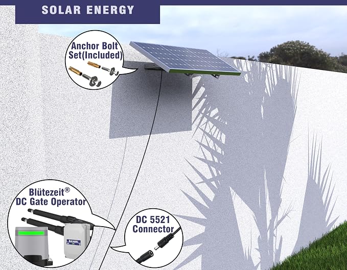Blütezeit Solar Sliding Gate Opener 1400lb with 25W Solar Panel, Automatic Chain Drive Gate Motor with WiFi Control | Battery Backup | IR Sensor & 2 Remotes for Driveway Gates