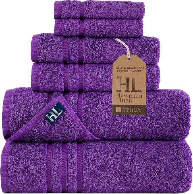 Hawmam Linen Purple 6 Piece Bath Towels Set for Bathroom Original Turkish Cotton Soft, Absorbent and Premium 2 Bath Towels, 2 Hand Towels, 2 Washcloths