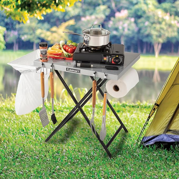 Cuisinart Fold ‘n Go Prep Table, Portable Folding Table and Grill Stand with Tool Hooks, Trash Bag Holder, Paper Towel Rack, 24” x 20” Steel Food Prep Station Perfect for BBQs, Tailgates and Camping
