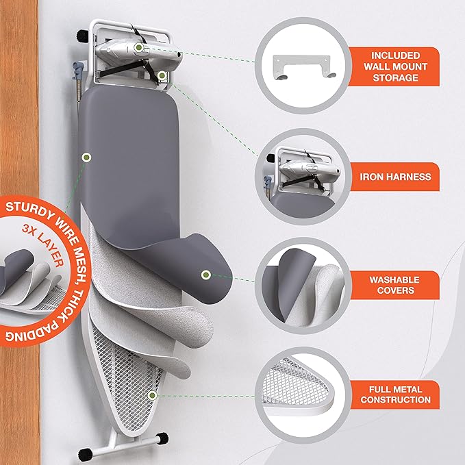 Ironing Board 57" x 15" Foldable with Wall Hanger | Height adjustable 30" - 36", full-metal frame, scorch & heat-resistant cover, iron rest, anti-slip feet, Cord Holder