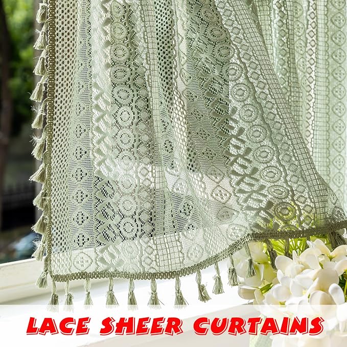 Sutuo Home Sage Green Sheer Boho Short Curtains Valance for Kitchen Cafe | Macrame Lace Curtains Bohemian Crochet Privacy Vintage Tassels Cottagecore Closet Decoration Rod Pocket,2 Panels 50"W x 18" L