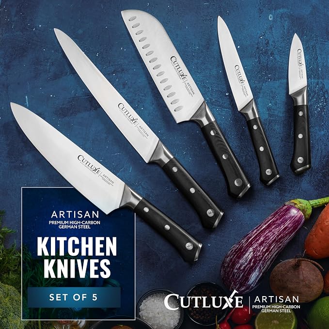 Cutluxe Kitchen Knives, 5-Piece Chef Knife Set – Razor Sharp German Steel | Full Tang Ergonomic Handles, Professional Blades – Artisan Series, Forged High Carbon