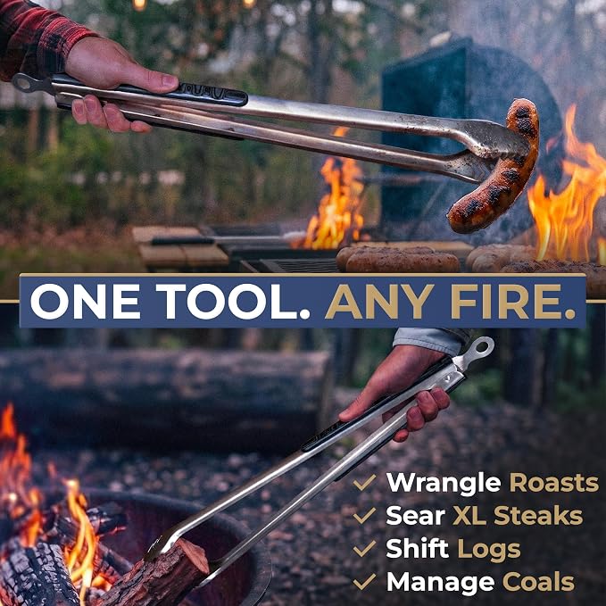 25-Inch Heavy Duty Metal Grill Tongs for Outdoor Grill & Log Fire | 1.0mm Thick stainless steel & Pakkawood handles. Extra Long Metal BBQ Tongs for Grilling Charcoal Cooking, Fire Pit Tools